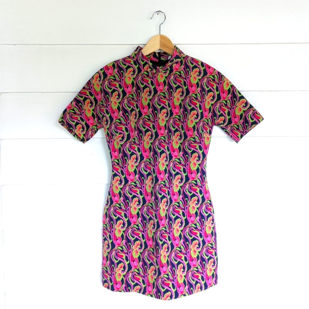 Zara High Neck Pink & Green Floral Form Fitted Mini Dress XS NWT